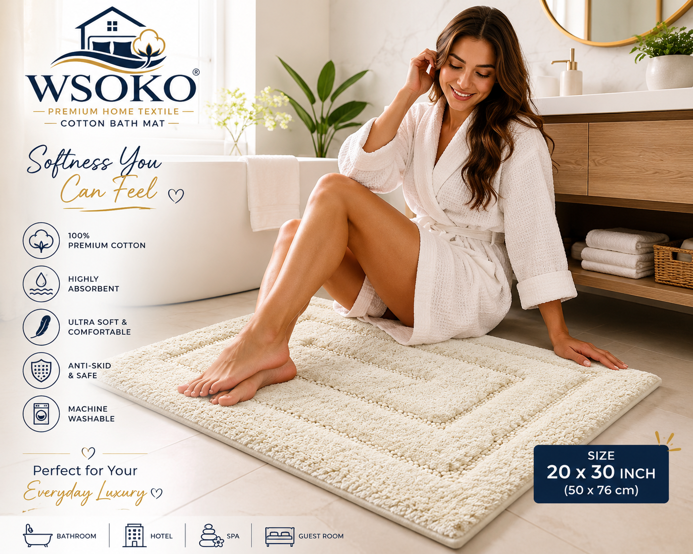 Cotton Bathmat | Bathroom Rug | Thick,Super Soft, Quick Dry | Non-Skid with SBE/Hot Melt Spray Backing | 2800 GSM - Solid, Set, 2 pc (20" x 30" and 17"x24") - Ivory