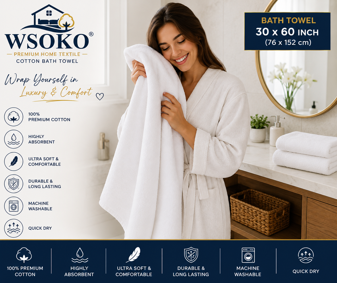 WSOKO 100% Pure Cotton Bath Towel 30 x 60 Inch | 700 GSM Ultra Soft & Highly Absorbent Hotel Quality Towel | Luxury Quick Dry Bath Towel for Men & Women | White