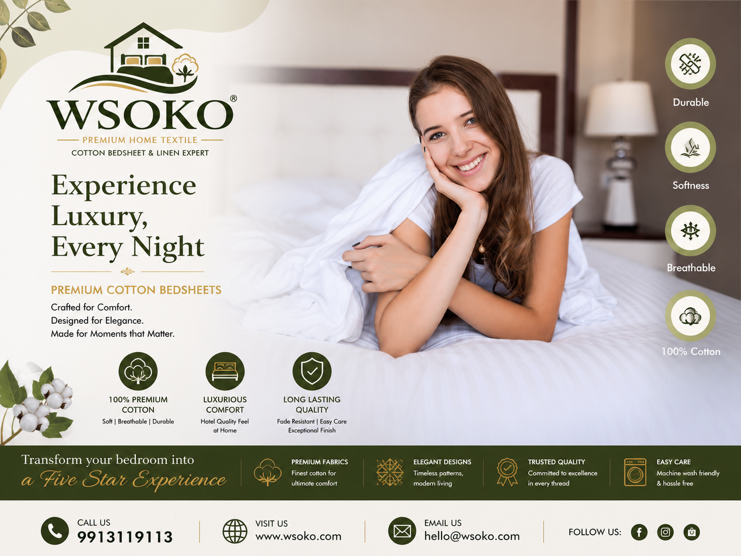 WSOKO COTTON 70% Cotton Plain Double Bed Sheet (90x100 Inch) with 2 Pillow Covers | Premium Hotel Quality White Bedsheet for Hotels, Resorts, Villas, Guest Houses & PGs | Soft, Breathable & Durable Bedding Set