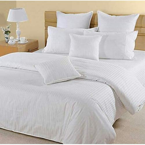 WSOKO COTTON 70% Cotton Satin Stripe King Size Bed Sheet (108x108 Inch) with 2 Pillow Covers | Premium Hotel Quality White Bedsheet for Hotels, Resorts, Villas, Guest Houses & PGs | Soft, Breathable & Durable Bedding Set