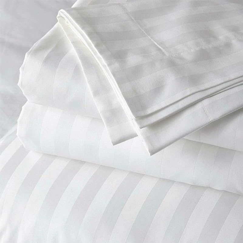 WSOKO COTTON 100% Pure Cotton Satin Stripes Bed Sheet (100x108 Inch) with 2 Pillow Covers | Premium Hotel Quality White Bedsheet for Hotels, Villas, Guest Houses, PGs & Home Use | Soft, Breathable & Luxury Cotton Bedding