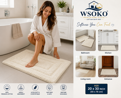 Cotton Bathmat | Bathroom Rug | Thick,Super Soft, Quick Dry | Non-Skid with SBE/Hot Melt Spray Backing | 2800 GSM - Solid, Set, 2 pc (20" x 30" and 17"x24") - Ivory