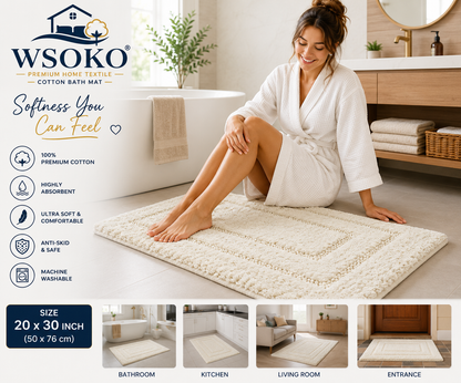 Cotton Bathmat | Bathroom Rug | Thick,Super Soft, Quick Dry | Non-Skid with SBE/Hot Melt Spray Backing | 2800 GSM - Solid, Set, 2 pc (20" x 30" and 17"x24") - Ivory