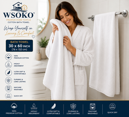 WSOKO 100% Pure Cotton Bath Towel 30 x 60 Inch | 700 GSM Ultra Soft & Highly Absorbent Hotel Quality Towel | Luxury Quick Dry Bath Towel for Men & Women | White