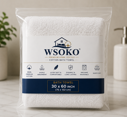 WSOKO 100% Pure Cotton Bath Towel 30 x 60 Inch | 700 GSM Ultra Soft & Highly Absorbent Hotel Quality Towel | Luxury Quick Dry Bath Towel for Men & Women | White