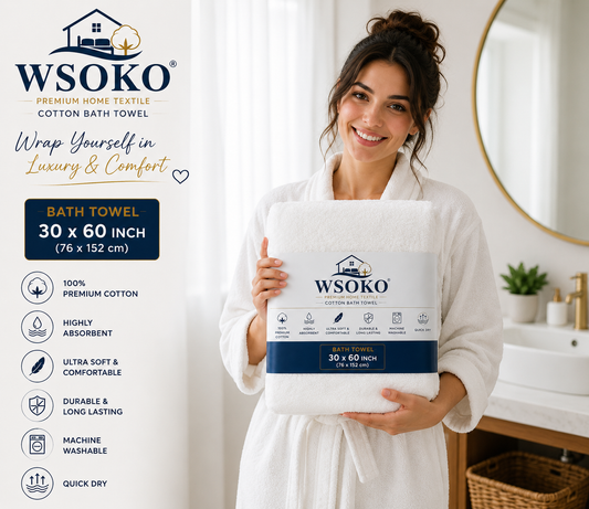 WSOKO 100% Pure Cotton Bath Towel 30 x 60 Inch | 700 GSM Ultra Soft & Highly Absorbent Hotel Quality Towel | Luxury Quick Dry Bath Towel for Men & Women | White