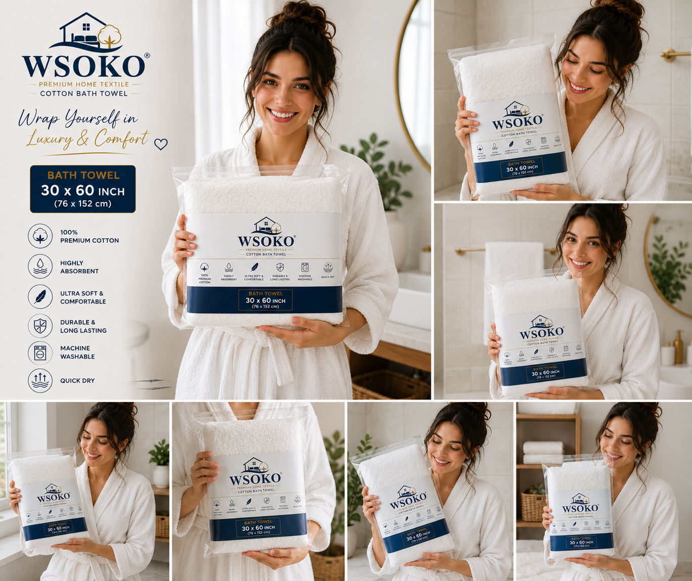 WSOKO 100% Pure Cotton Bath Towel 30 x 60 Inch | 700 GSM Ultra Soft & Highly Absorbent Hotel Quality Towel | Luxury Quick Dry Bath Towel for Men & Women | White