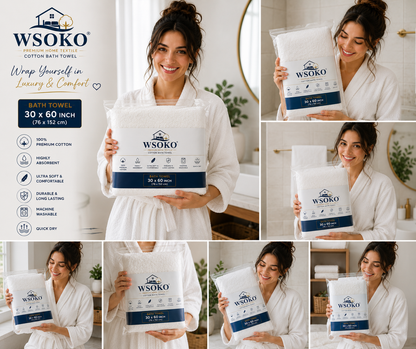 WSOKO 100% Pure Cotton Bath Towel 30 x 60 Inch | 700 GSM Ultra Soft & Highly Absorbent Hotel Quality Towel | Luxury Quick Dry Bath Towel for Men & Women | White