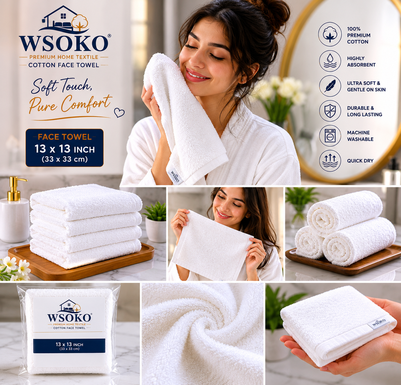 WSOKO 100% Pure Cotton Face Towel 12 x 12 Inch | Soft & Highly Absorbent Wash Cloth | Quick Dry, Skin-Friendly & Durable | Hotel Quality White Face Towel