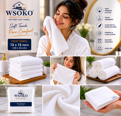 WSOKO 100% Pure Cotton Face Towel 12 x 12 Inch | Soft & Highly Absorbent Wash Cloth | Quick Dry, Skin-Friendly & Durable | Hotel Quality White Face Towel