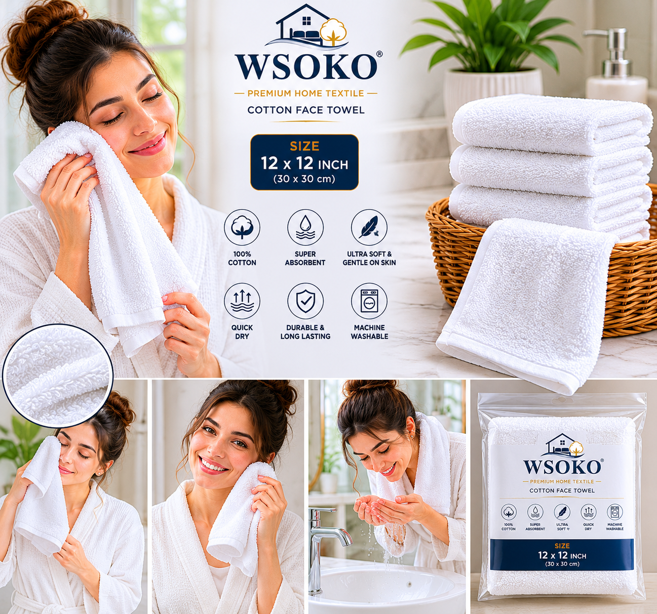 WSOKO 100% Pure Cotton Hand Towel 16 x 27 Inch | 150 GSM Soft & Lightweight Hand Towel | Quick Dry, Highly Absorbent & Durable | Hotel Quality White Hand Towel