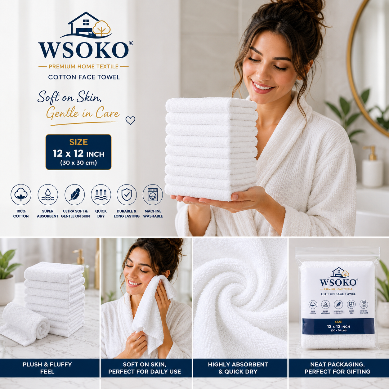 WSOKO 100% Pure Cotton Hand Towel 16 x 27 Inch | 150 GSM Soft & Lightweight Hand Towel | Quick Dry, Highly Absorbent & Durable | Hotel Quality White Hand Towel