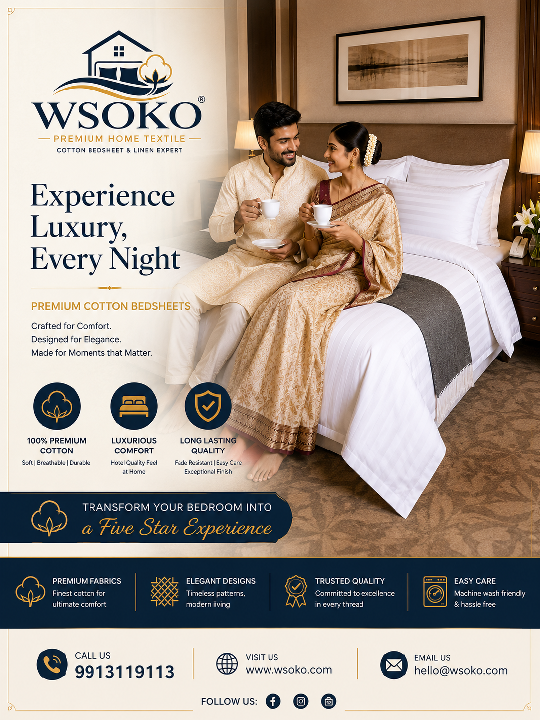 WSOKO COTTON 100% Pure Cotton Satin Stripes Bed Sheet (90x100 Inch) with 2 Pillow Covers | Premium Hotel Quality White Bedsheet for Hotels, Villas, Guest Houses, PGs & Home Use | Soft, Breathable & Luxury Cotton Bedding