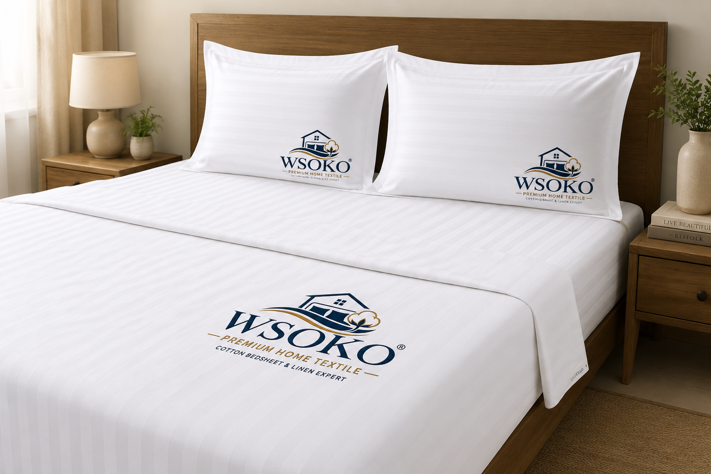 WSOKO COTTON 70% Cotton Satin Stripe Double Bed Sheet (72x108 Inch) with 2 Pillow Covers | Premium Hotel Quality White Bedsheet for Hotels, Resorts, Villas, Guest Houses & PGs | Soft, Breathable & Durable Bedding Set