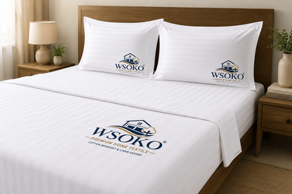 WSOKO COTTON 70% Cotton Satin Stripe Double Bed Sheet (72x108 Inch) with 2 Pillow Covers | Premium Hotel Quality White Bedsheet for Hotels, Resorts, Villas, Guest Houses & PGs | Soft, Breathable & Durable Bedding Set