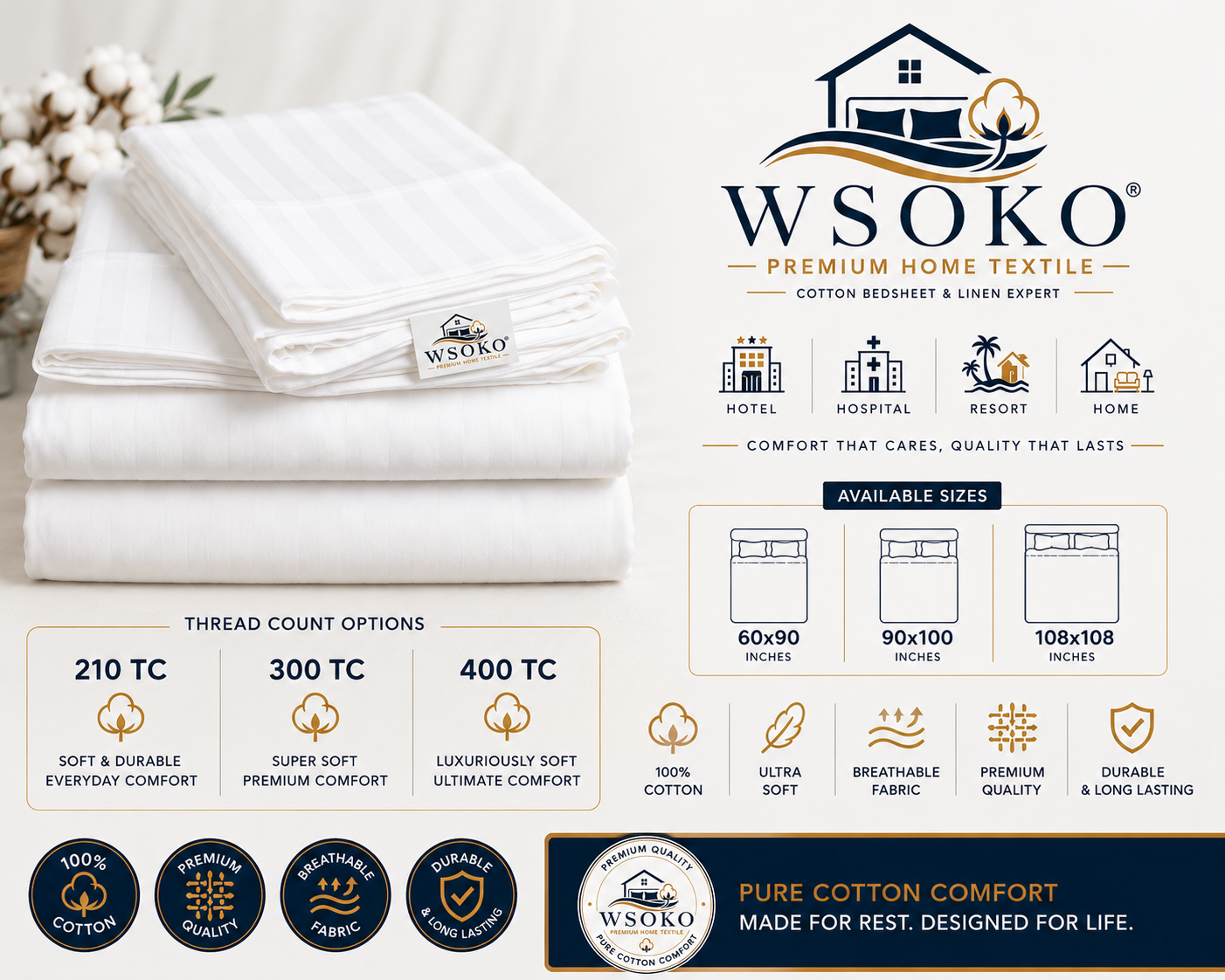 WSOKO COTTON 70% Cotton Plain King Size Bed Sheet (100x108 Inch) with 2 Pillow Covers | Premium Hotel Quality White Bedsheet for Hotels, Resorts, Villas, Guest Houses & PGs | Soft, Breathable & Durable Bedding Set