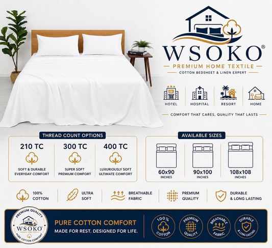WSOKO COTTON 70% Cotton Plain Double Bed Sheet (90x100 Inch) with 2 Pillow Covers | Premium Hotel Quality White Bedsheet for Hotels, Resorts, Villas, Guest Houses & PGs | Soft, Breathable & Durable Bedding Set