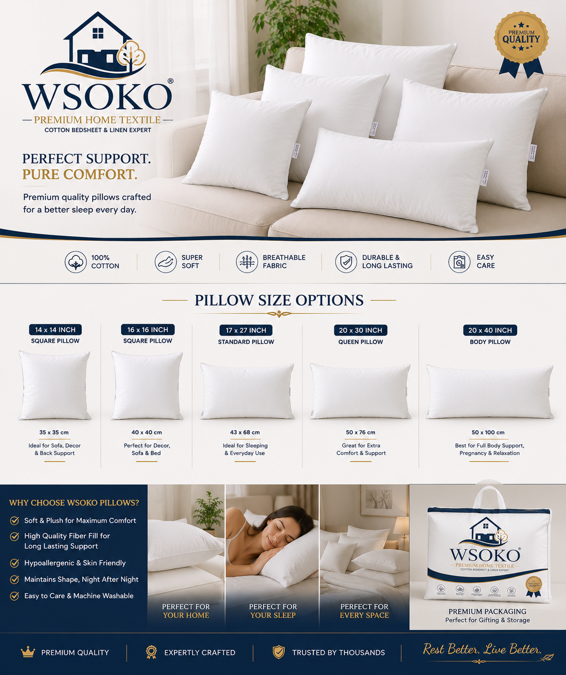 WSOKO Cotton Velvet Decorative Pillow Cover Set of 2 (17x27 Inch / 43x68 cm) | Soft Solid Rectangle Throw Pillow Covers | 200 TC Premium Cushion Covers for Bed, Sofa, Living Room & Home Decor | White