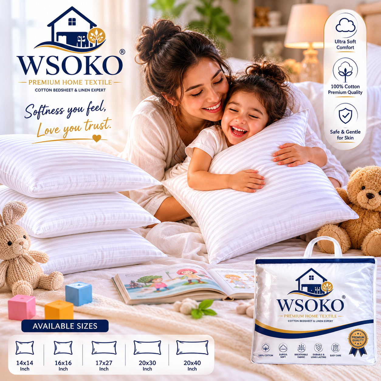 WSOKO Cotton Velvet Decorative Pillow Cover Set of 2 (17x27 Inch / 43x68 cm) | Soft Solid Rectangle Throw Pillow Covers | 200 TC Premium Cushion Covers for Bed, Sofa, Living Room & Home Decor | White